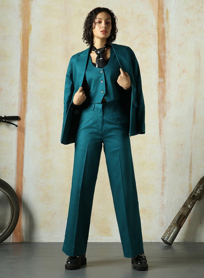 HIGH STAR Women's Deep Teal Cotton Blend Solid Full Length Chinos Wide Leg Trouser  - Image 1