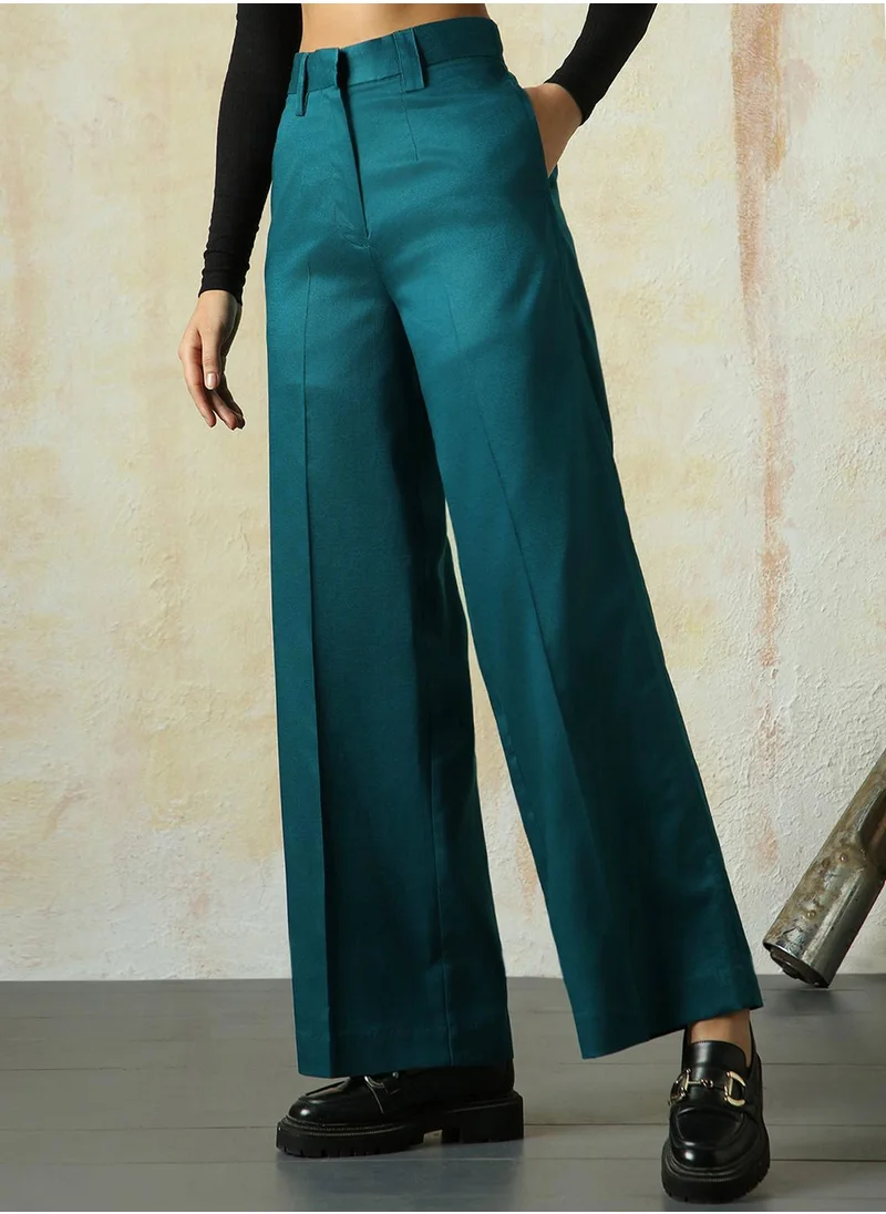 HIGH STAR Women's Deep Teal Cotton Blend Solid Full Length Chinos Wide Leg Trouser