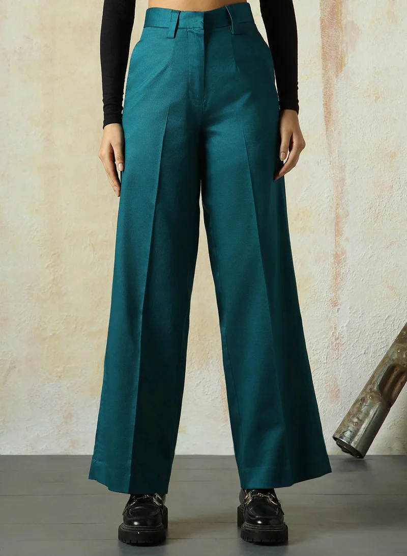 HIGH STAR Women's Deep Teal Cotton Blend Solid Full Length Chinos Wide Leg Trouser