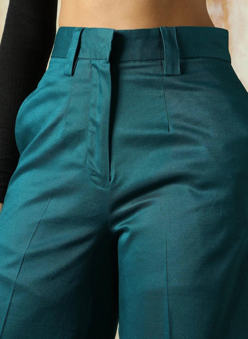 HIGH STAR Women's Deep Teal Cotton Blend Solid Full Length Chinos Wide Leg Trouser  - Image 4