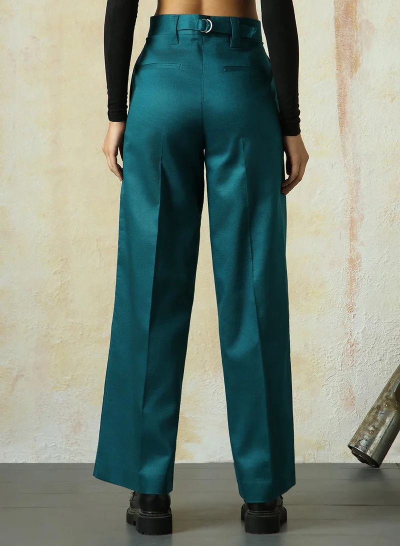 HIGH STAR Women's Deep Teal Cotton Blend Solid Full Length Chinos Wide Leg Trouser