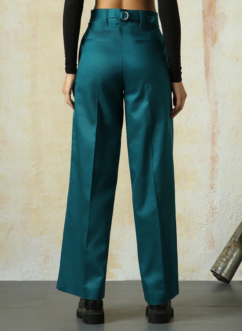 HIGH STAR Women's Deep Teal Cotton Blend Solid Full Length Chinos Wide Leg Trouser  - Image 3