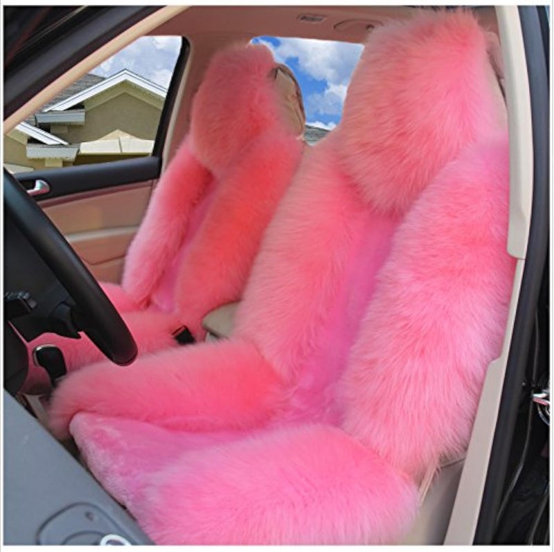 IMQOQ A Pair 50% Genuine Sheepskin Fur Car 2 Front Seat Covers Set Winter Warm Universal Pinkâ€¦ - Image 1