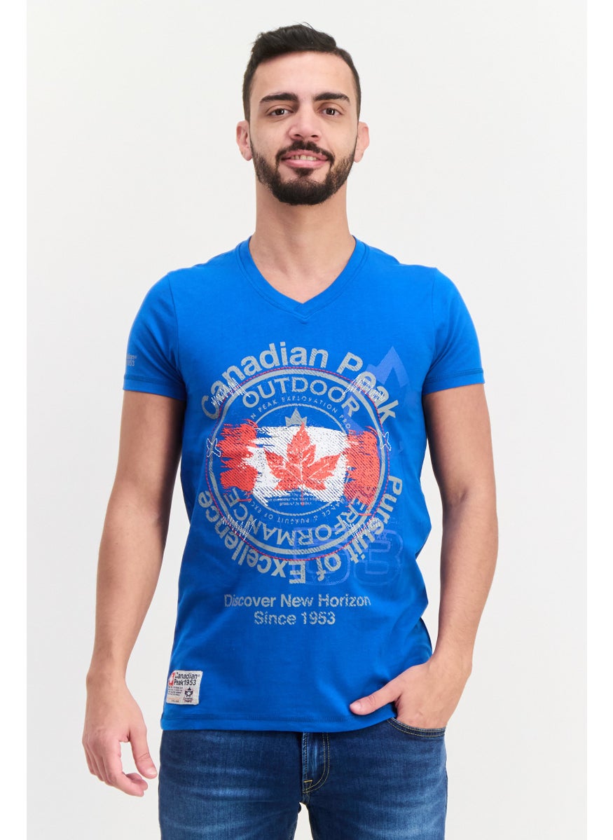 Canadian Peak Men V Neck Short Sleeves Embroidered T-Shirts, Royal Blue  - Image 1