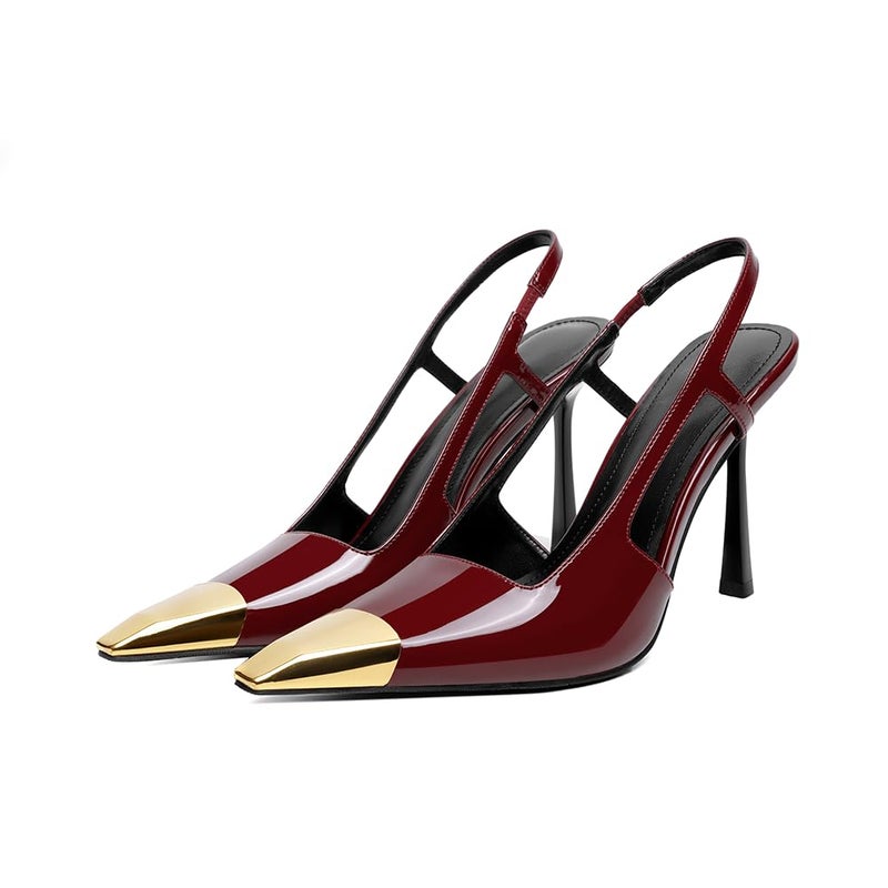 Vertundy Burgundy Slingback Heels for Women Metal Pointed Toe Stiletto High Heel Pumps Slip On Shoes Geometric Heel - Image 4