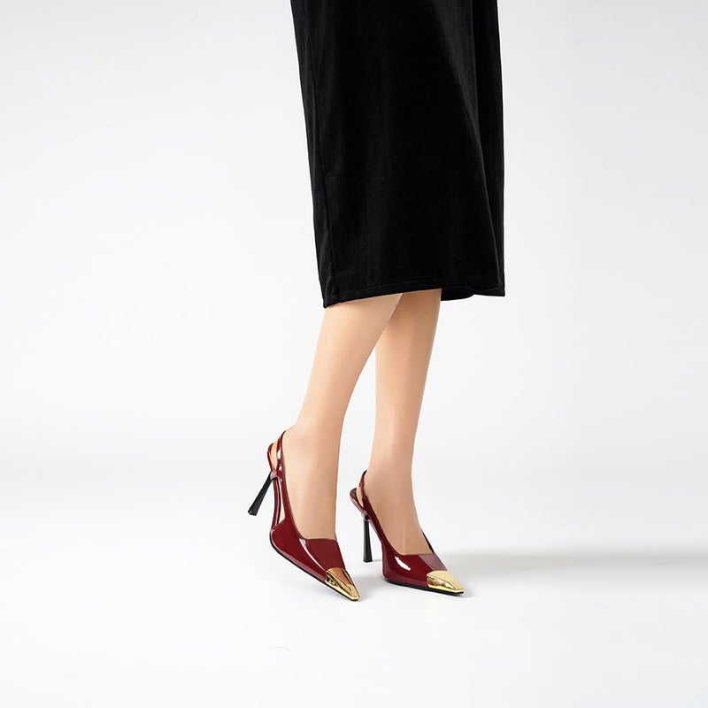Vertundy Burgundy Slingback Heels for Women Metal Pointed Toe Stiletto High Heel Pumps Slip On Shoes Geometric Heel - Image 3