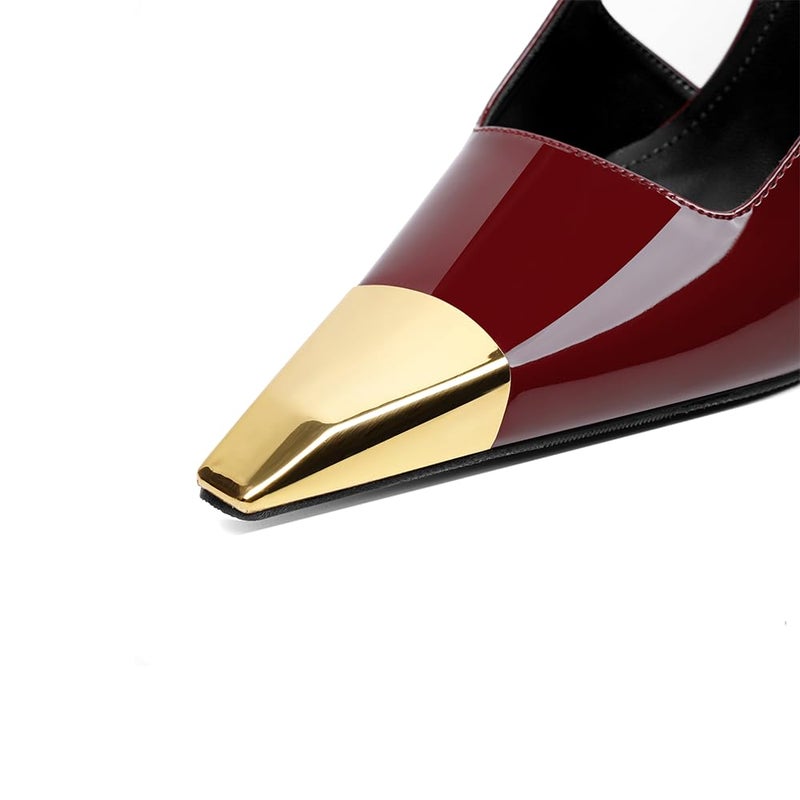 Vertundy Burgundy Slingback Heels for Women Metal Pointed Toe Stiletto High Heel Pumps Slip On Shoes Geometric Heel - Image 5