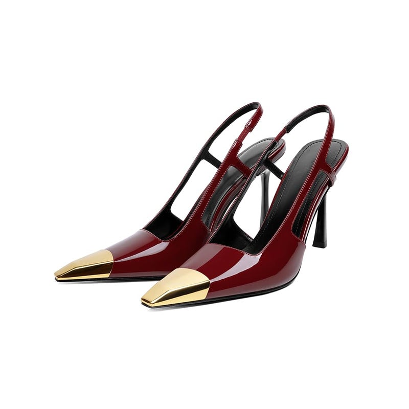 Vertundy Burgundy Slingback Heels for Women Metal Pointed Toe Stiletto High Heel Pumps Slip On Shoes Geometric Heel - Image 1