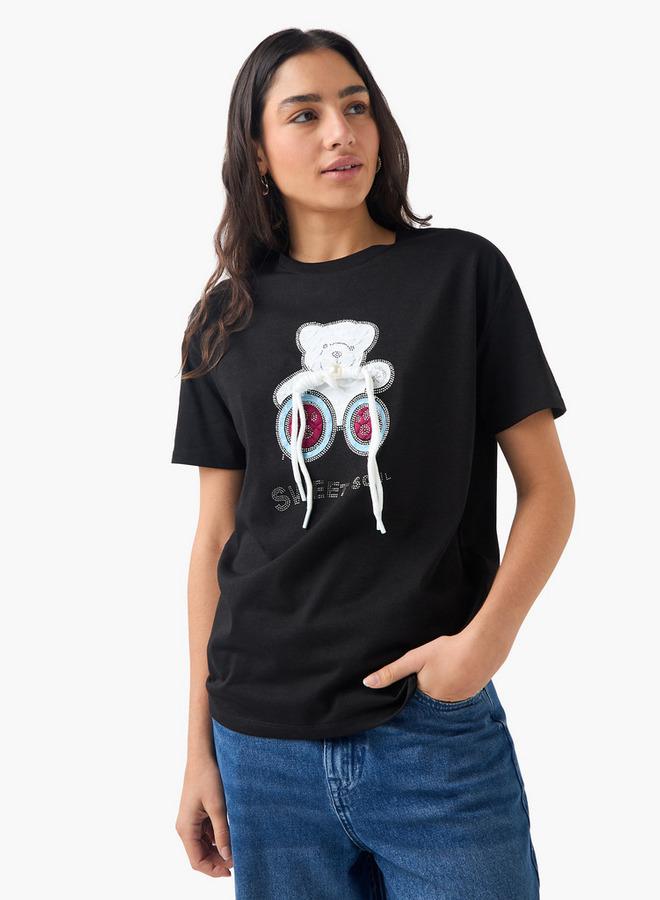 2Xtremz Teddy Bear Embellished T-shirt with Short Sleeves - Image 1
