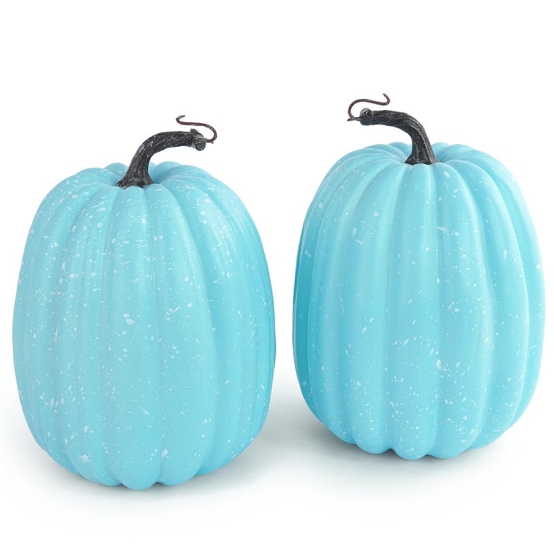 Artmag Artmag 8 Inch Large Artificial Pumpkins  2PCS Big Blue Point Pumpkins Faux Foam Harvest Pumpkins for Fall Autumn Thanksgiving Holiday Decorations (Blue with Point)  - Image 1