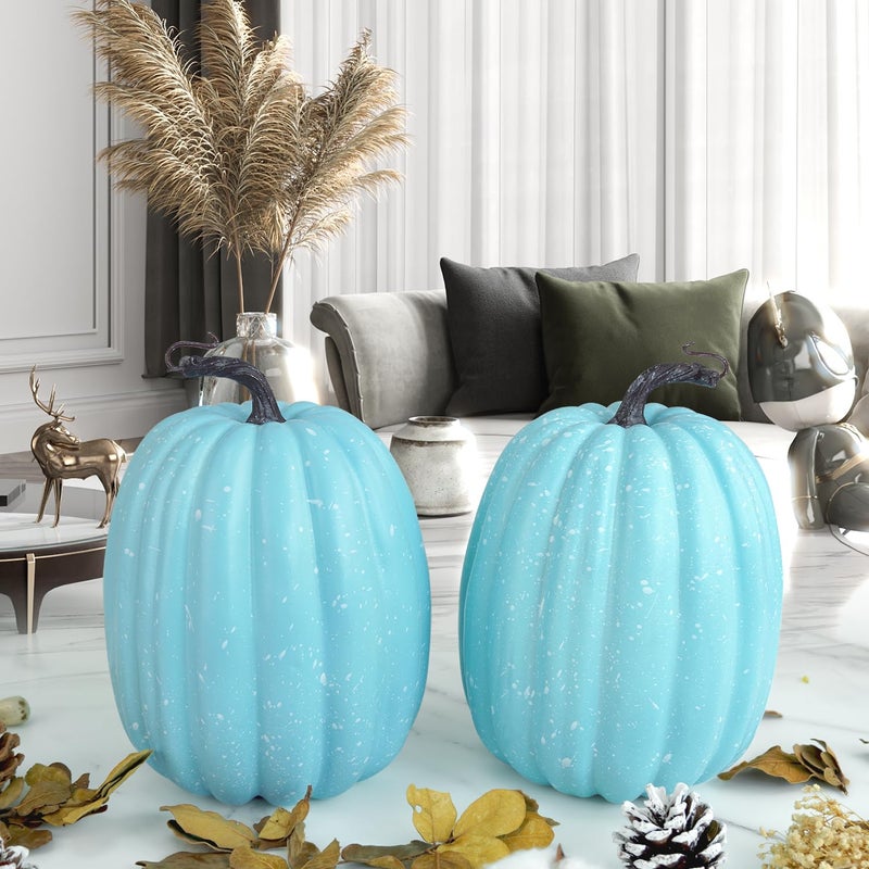 Artmag Artmag 8 Inch Large Artificial Pumpkins  2PCS Big Blue Point Pumpkins Faux Foam Harvest Pumpkins for Fall Autumn Thanksgiving Holiday Decorations (Blue with Point)  - Image 4