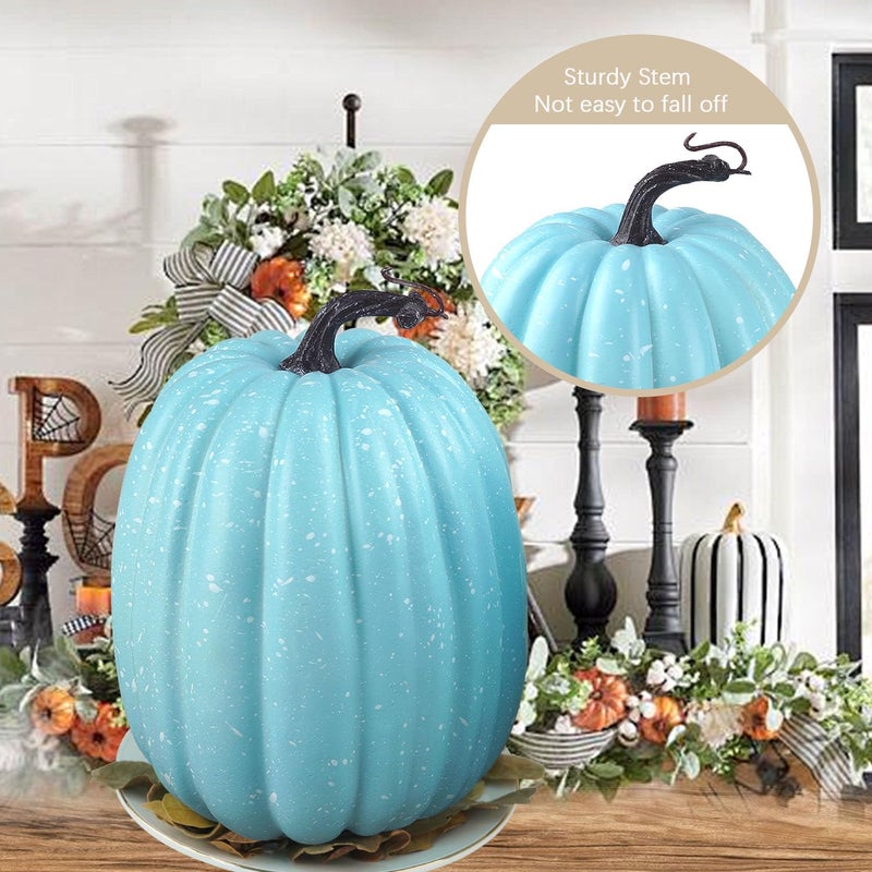 Artmag Artmag 8 Inch Large Artificial Pumpkins  2PCS Big Blue Point Pumpkins Faux Foam Harvest Pumpkins for Fall Autumn Thanksgiving Holiday Decorations (Blue with Point)  - Image 2