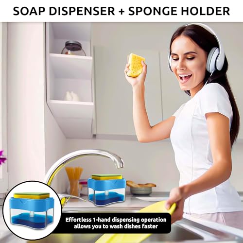 Eightiz 2 in 1 Soap Dispenser for Bathroom Accessories Dishwasher Liquid Holder Liquid Dispenser Pump 400 ML with Sponge Holder Kitchen Sink Accessories Items (Baby Blue) - Image 2