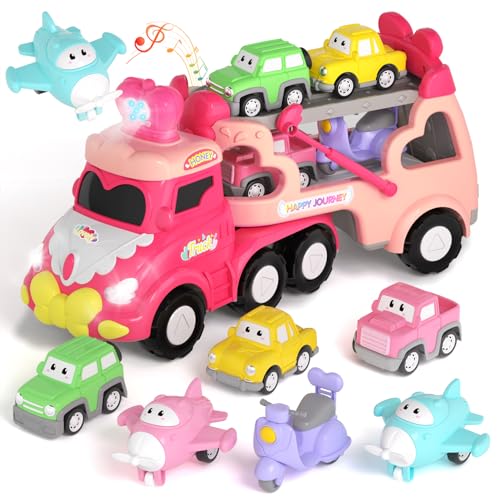 newcrave Truck Toys for 1 2 3 Year Old Girl 7in1 Carrier Cars Toys for Toddler Girls Age 12 23 Princess Toy with Light  Sound Easter Christmas Birthday Gifts for 1 2 3 Year Old Girls - Image 1