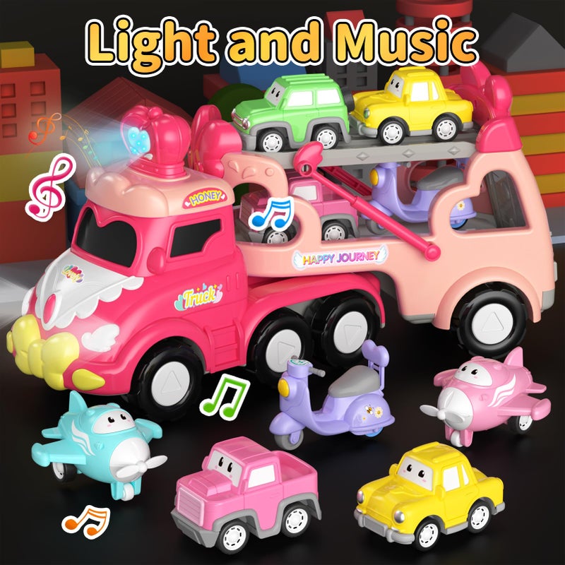 newcrave Truck Toys for 1 2 3 Year Old Girl 7in1 Carrier Cars Toys for Toddler Girls Age 12 23 Princess Toy with Light  Sound Easter Christmas Birthday Gifts for 1 2 3 Year Old Girls - Image 3