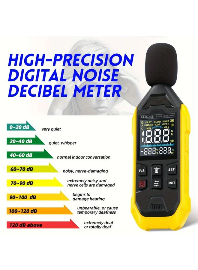 Yellow Digital Sound Level Meter Data Hold Noise Decibel Tester USB Rechargeable - Image 5