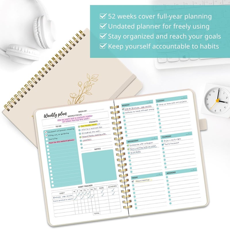 Taja Undated Weekly Planner, Weekly To Do List Notebook with Goal & Habit Tracker Organizer, A5 Weekly Planner Notebook with Spiral Binding, 6.1" x 8.2" - Beige - Image 3