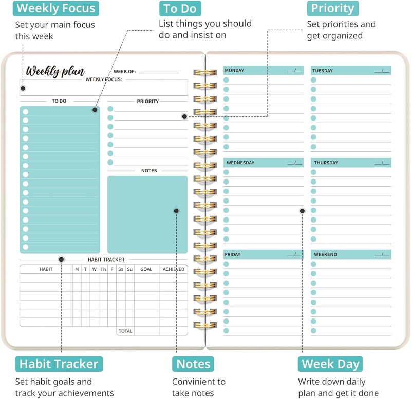 Taja Undated Weekly Planner, Weekly To Do List Notebook with Goal & Habit Tracker Organizer, A5 Weekly Planner Notebook with Spiral Binding, 6.1" x 8.2" - Beige - Image 2