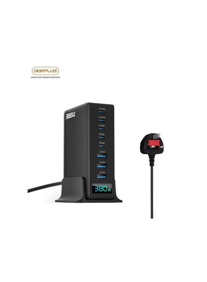 ديجيتبلس شاحن سريع بقدرة 380 واط، محطة شحن USB بثمانية منافذ مع تقنية الشحن السريع PD بقدرة 100 واط وتقنية الشحن السريع QC3.0، موزع طاقة لأجهزة الكمبيوتر المحمولة والأجهزة المتعددة مع شاشة LED - Image 2