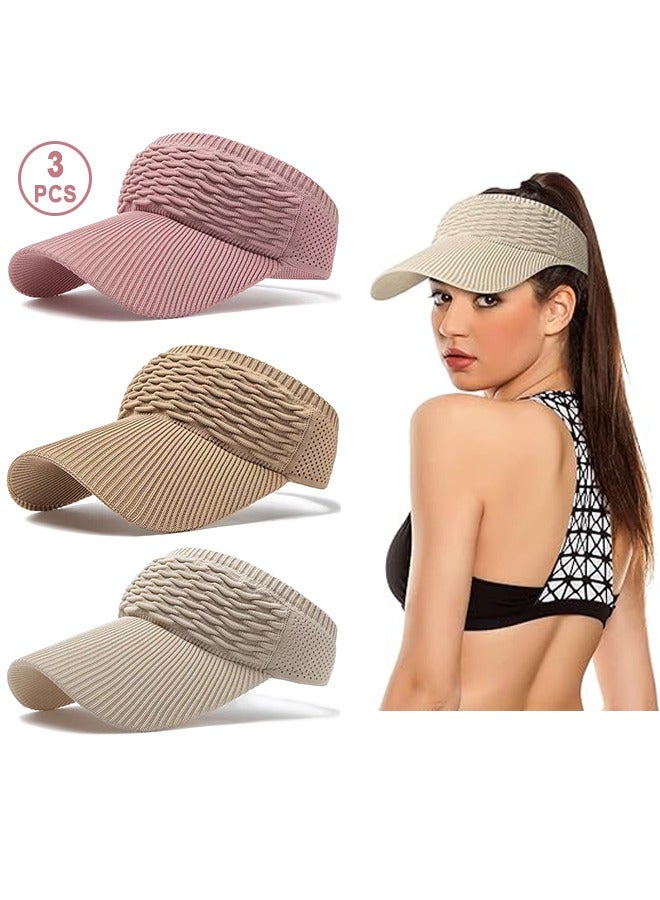 3Pcs Sun Visor Hats for Women, Wide Brim Sun Hats for Women UV Protection, Ponytail Quick Drying Knitted Elastic Running Visors with Empty Top for Outdoor Activities - Image 1