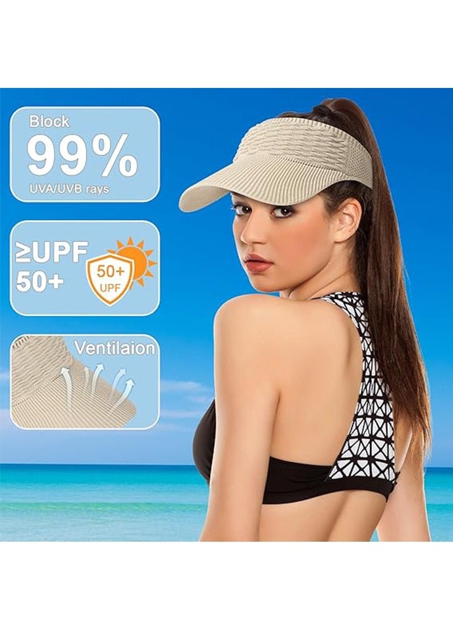 3Pcs Sun Visor Hats for Women, Wide Brim Sun Hats for Women UV Protection, Ponytail Quick Drying Knitted Elastic Running Visors with Empty Top for Outdoor Activities - Image 2