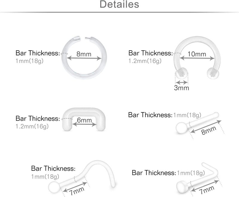 MODRSA Mix Set Clear Piercing Retainers Septum Retainer Nose Studs Flexible Lip Ear Nose Tongue Rings Nipplering Cartilage Rook Daith Earrings Horseshoe Plastic Industrial Piercing Retainer for Work - Image 2