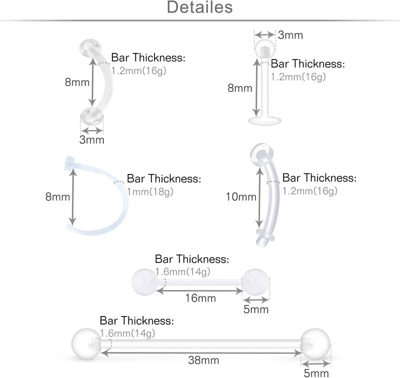 MODRSA Mix Set Clear Piercing Retainers Septum Retainer Nose Studs Flexible Lip Ear Nose Tongue Rings Nipplering Cartilage Rook Daith Earrings Horseshoe Plastic Industrial Piercing Retainer for Work - Image 3