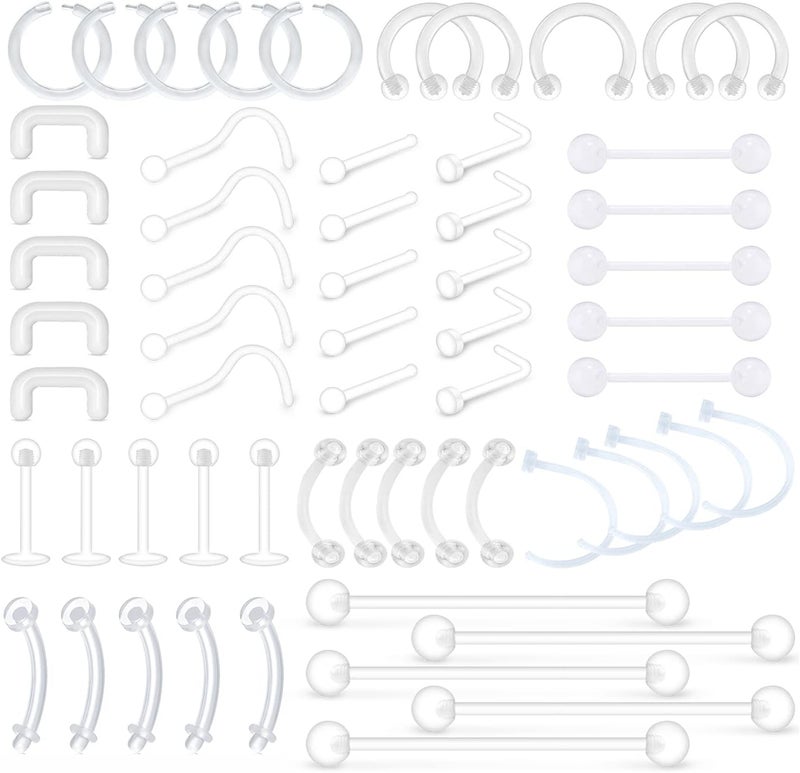 MODRSA Mix Set Clear Piercing Retainers Septum Retainer Nose Studs Flexible Lip Ear Nose Tongue Rings Nipplering Cartilage Rook Daith Earrings Horseshoe Plastic Industrial Piercing Retainer for Work - Image 1