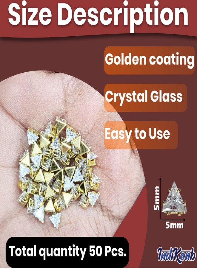 INDIKONB Sew On Rhinestones Kundan Stone Beads for Craft, Embroidery, Jewellery Making, Aari & Maggam Work | Stones for Dress & Bangle Decoration (Triangle 5X5X5), Gold - Image 2