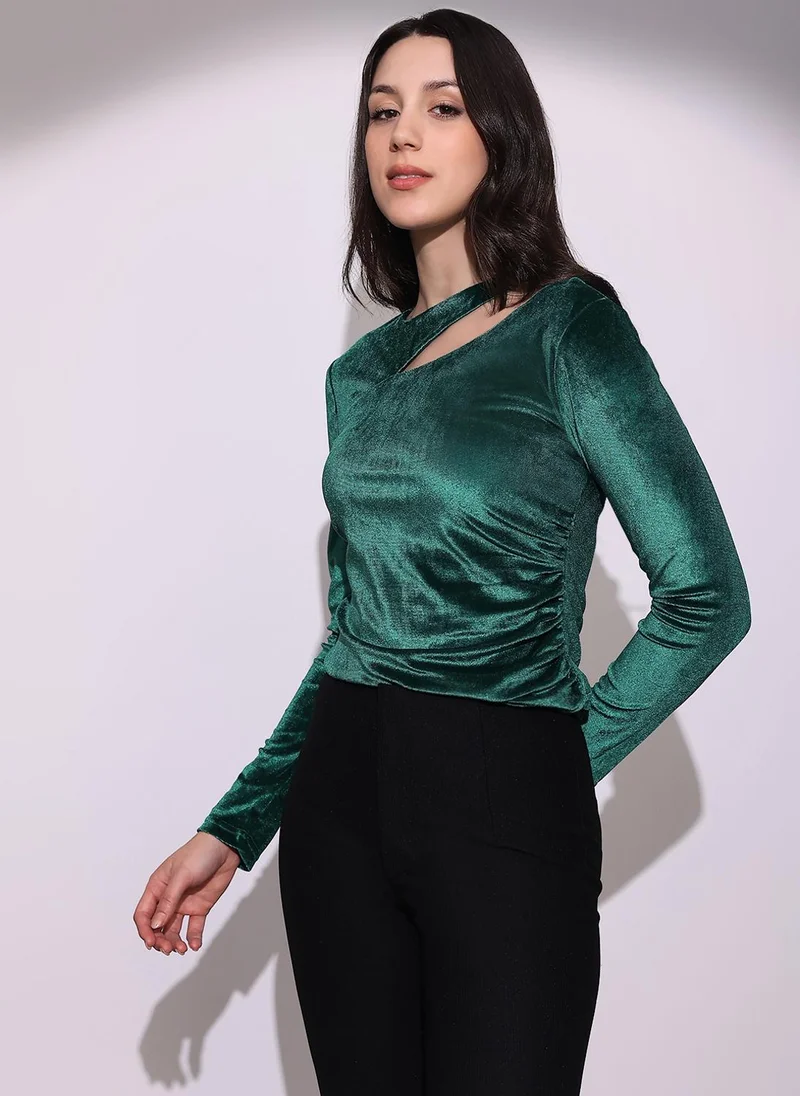 globus Globus Women Teal Round Neck Long Sleeves Cut-Out Detail Gathered & Pleated Velvet Party Top