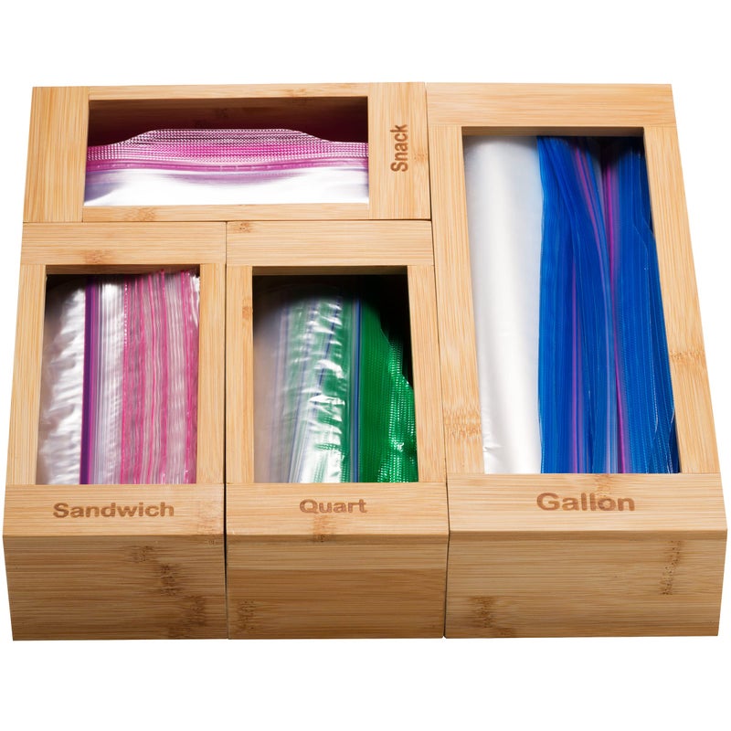 Bartnelli Bag Organizer for Kitchen Storage Organization 4 PC Premium Bamboo Drawer Organizer Bag Holder Dispenser