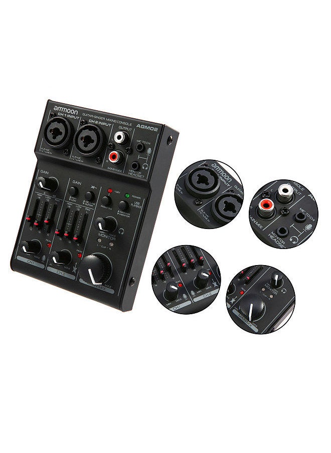 ammoon - AGM02 Mini 2-Channel Sound Card Mixing Console Digital Audio Mixer 2-band EQ Built-in 48V Phantom Power 5V USB Powered for Home Studio Recording DJ Network Live Broadcast Karaoke - Image 1