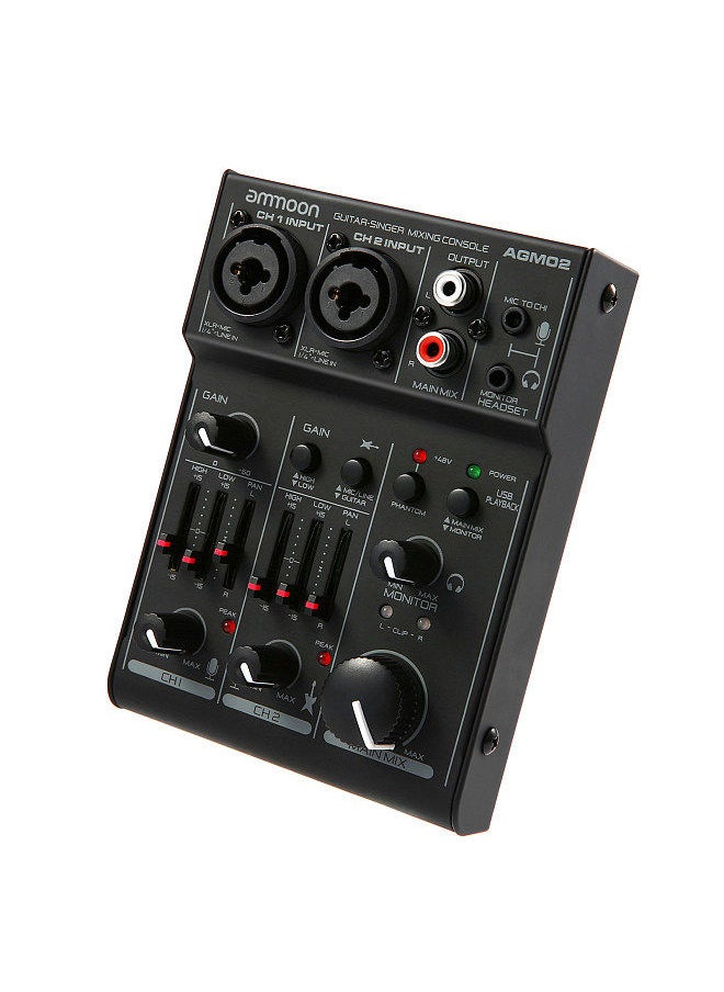 ammoon - AGM02 Mini 2-Channel Sound Card Mixing Console Digital Audio Mixer 2-band EQ Built-in 48V Phantom Power 5V USB Powered for Home Studio Recording DJ Network Live Broadcast Karaoke - Image 1