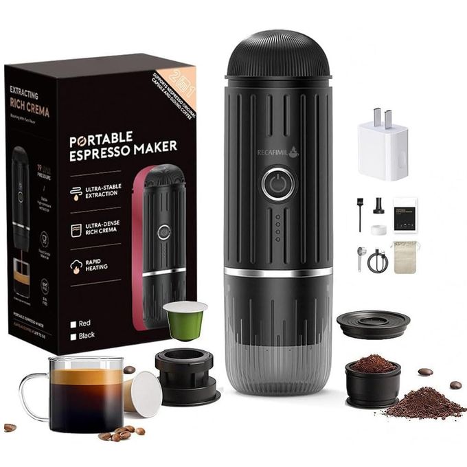 PORTABLE COFFEE MAKER TRAVEL ESPRESSO MACHINE 120W RED COLOR 19 BAR PRESSURE 7500MAH RECHARGEABLE BATTERY VERSION PORTABLE ON THE GO FOR CAMPING DRIVING HOME AND OFFICE TRAVELLING
