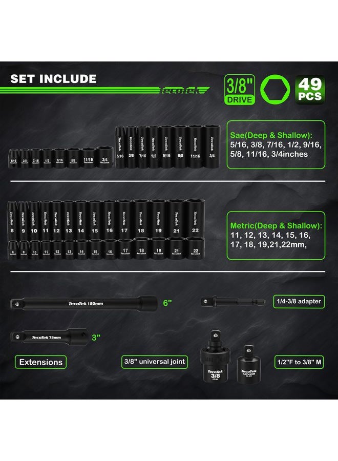 TecoTek 3/8" Drive Impact Socket Set, 49-Piece Standard SAE (5/16"-3/4") and Metric (8mm-22mm), 6 Point, Cr-V, Extension Bars, 1/2" F to 3/8" M Reducer, Universal Joint and Power Drill Adapter - Image 2