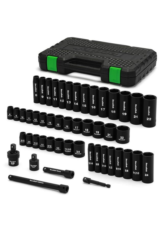 TecoTek 3/8" Drive Impact Socket Set, 49-Piece Standard SAE (5/16"-3/4") and Metric (8mm-22mm), 6 Point, Cr-V, Extension Bars, 1/2" F to 3/8" M Reducer, Universal Joint and Power Drill Adapter - Image 1