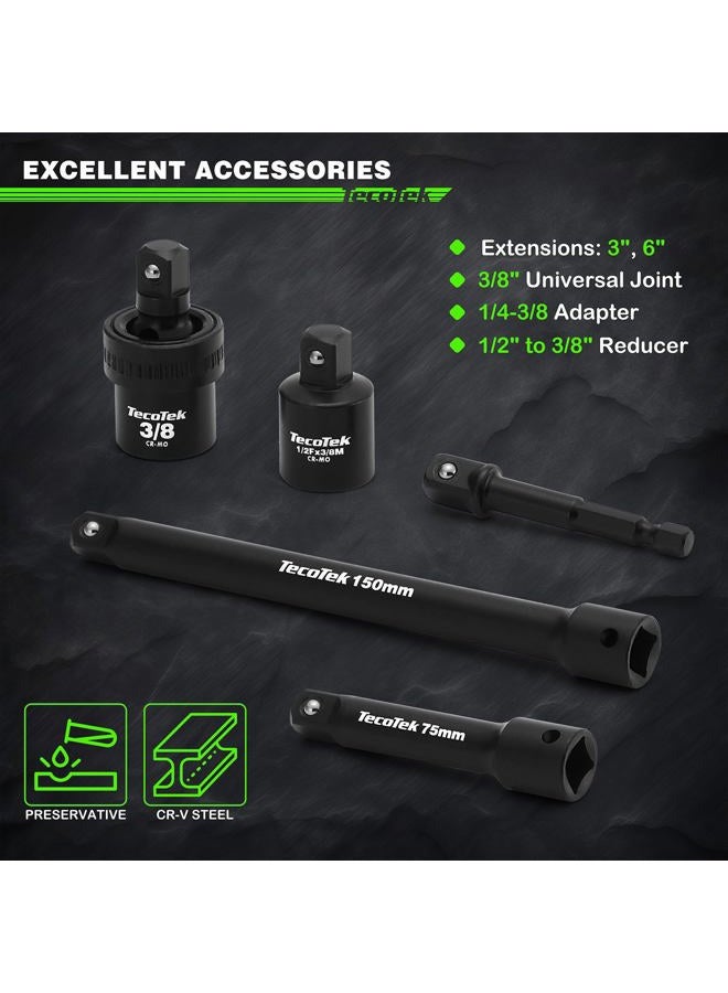 TecoTek 3/8" Drive Impact Socket Set, 49-Piece Standard SAE (5/16"-3/4") and Metric (8mm-22mm), 6 Point, Cr-V, Extension Bars, 1/2" F to 3/8" M Reducer, Universal Joint and Power Drill Adapter - Image 5