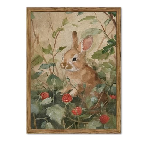 Hwetui Framed Vintage Rabbit Wall Art, Cute Bunny Pictures Wall Decor, 3D Textured Sandstone Rustic Animal Botanical Paintings Prints Cottagecore Home Decor for Living Room Bedroom Nursery 12x16 inch - Image 1