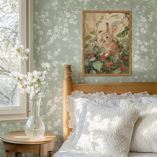 Hwetui Framed Vintage Rabbit Wall Art, Cute Bunny Pictures Wall Decor, 3D Textured Sandstone Rustic Animal Botanical Paintings Prints Cottagecore Home Decor for Living Room Bedroom Nursery 12x16 inch - Image 2