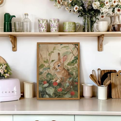 Hwetui Framed Vintage Rabbit Wall Art, Cute Bunny Pictures Wall Decor, 3D Textured Sandstone Rustic Animal Botanical Paintings Prints Cottagecore Home Decor for Living Room Bedroom Nursery 12x16 inch - Image 3