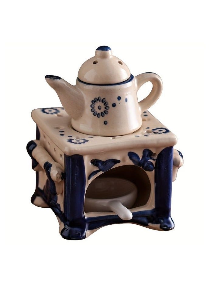 【Elegant Teapot Candle Holder】 Elegant Blue  White Ceramic Teapot Candle Holder | Aromatic Oil Heater with Floral Patterns, Home Decor for Holidays, Valentine’s Day, and Tea Lovers - Image 5