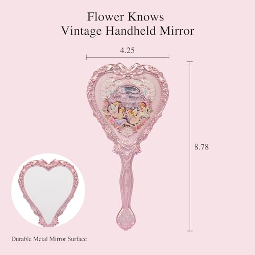Flower Knows Midsummer Fairytales Hand Mirror,Vintage Heart Handheld Mirror,Fancy & Pretty Princess Handheld Mirror with Long Handle,Gift for Girls & Women(Milky Pink) - Image 3