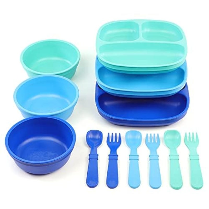 RePlay 3x3 Divided Toddler Plates and Utensils Set Toddler Forks and Spoons Set Dishwasher and Microwave Safe Made in USA True Blue
