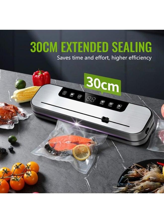 جورونب آلة تغليف الطعام بالتفريغ ٥ في ١، قوة شفط ٧٥ كيلو باسكال، شريط غلق ١١.٨ بوصة، تنظيف بضوء بنفسجي، قاطع انزلاقي مدمج، وضعان للجفاف والرطوبة، شاشة LED، ١٠ أكياس تفريغ متضمنة - Image 2