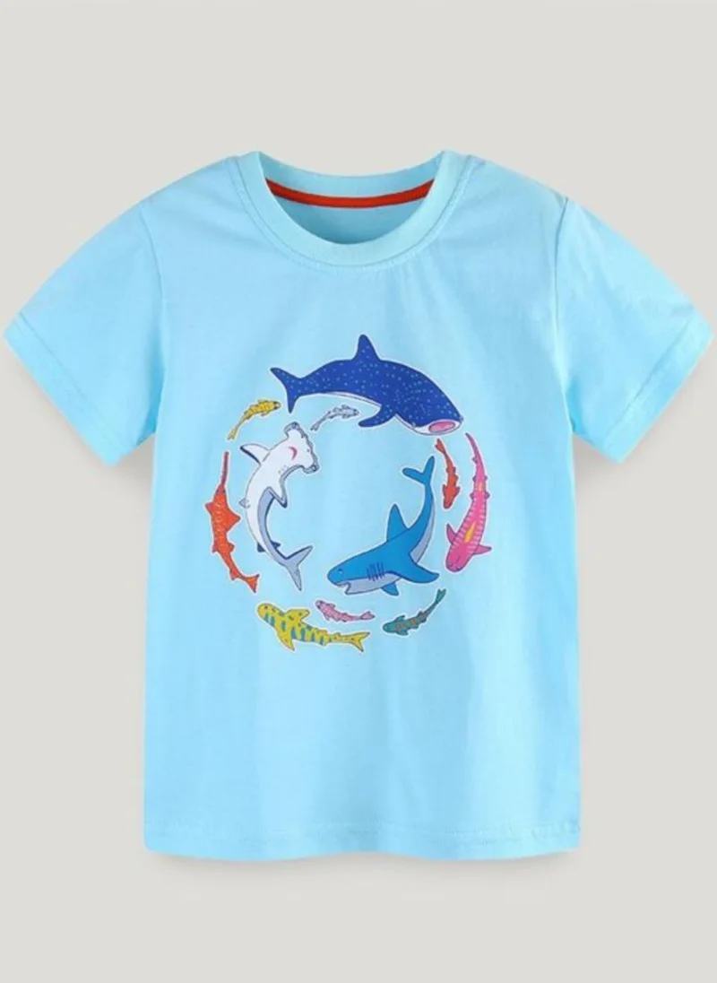 YUNIQEE Turquoise Blue Printed Solid Round Neck Cotton T-shirt