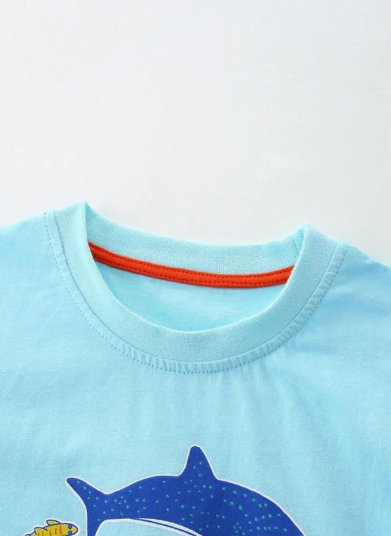YUNIQEE Turquoise Blue Printed Solid Round Neck Cotton T-shirt