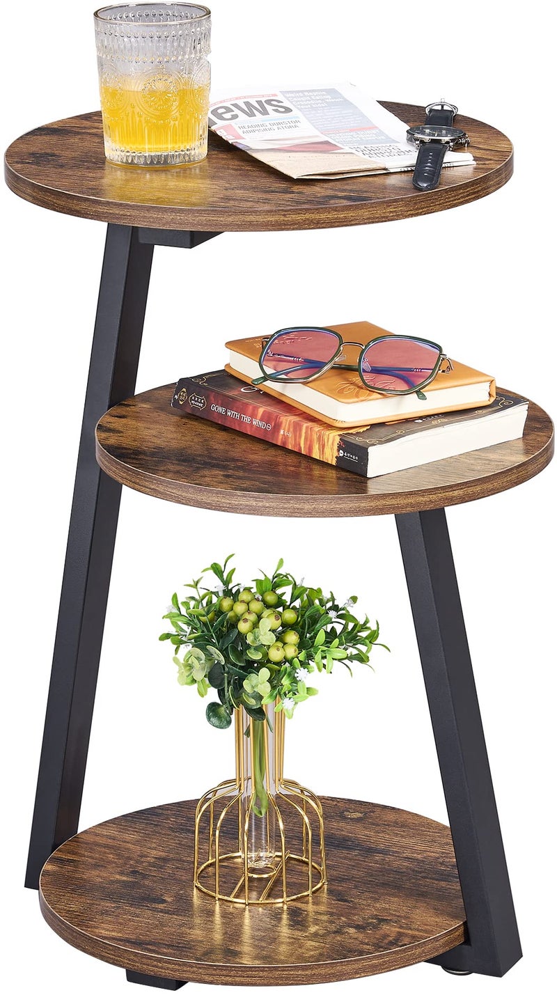 BEWISHOME Round End Table Side Table with Metal Frame, Accent Nightstand Bedside Table with 3-Tier Shelves, Small Couch Coffee Table for Living Room Bedroom Rustic Brown KTZ41Z - Image 1