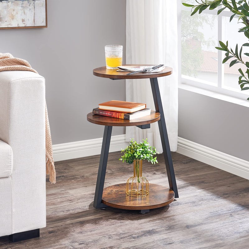 BEWISHOME Round End Table Side Table with Metal Frame, Accent Nightstand Bedside Table with 3-Tier Shelves, Small Couch Coffee Table for Living Room Bedroom Rustic Brown KTZ41Z - Image 2