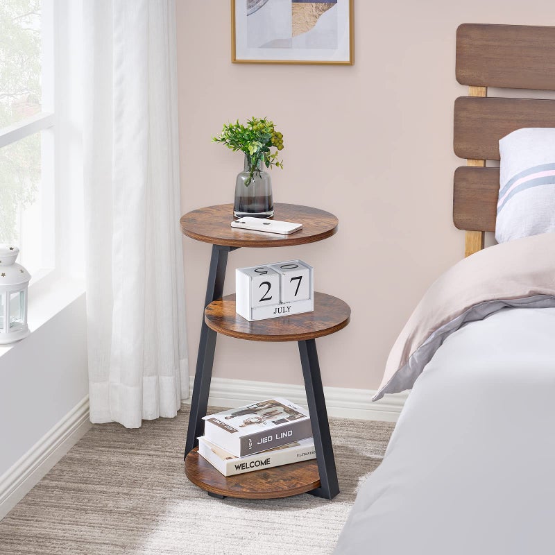 BEWISHOME Round End Table Side Table with Metal Frame, Accent Nightstand Bedside Table with 3-Tier Shelves, Small Couch Coffee Table for Living Room Bedroom Rustic Brown KTZ41Z - Image 4