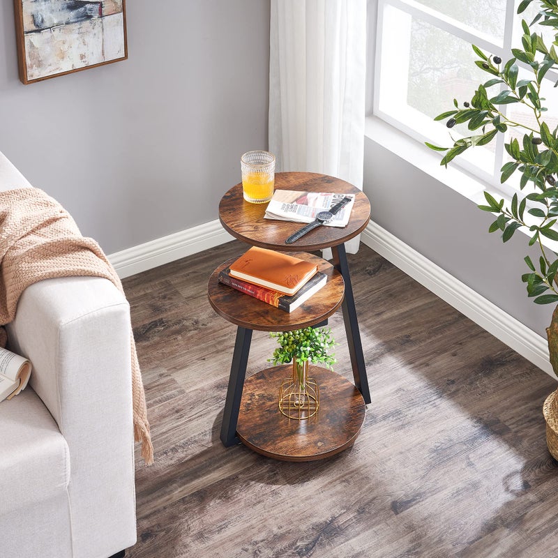 BEWISHOME Round End Table Side Table with Metal Frame, Accent Nightstand Bedside Table with 3-Tier Shelves, Small Couch Coffee Table for Living Room Bedroom Rustic Brown KTZ41Z - Image 3